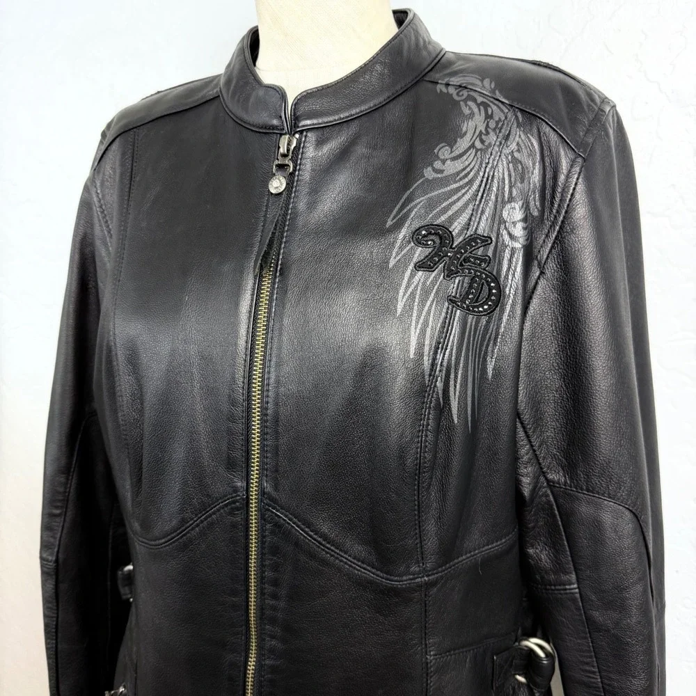 Harley-Davidson Womens Black Leather Studded Wing‎ Motorcycle Jacket Black L